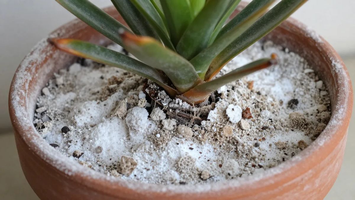 Crosta esbranquiçada de sais acumulada no substrato e na borda do vaso