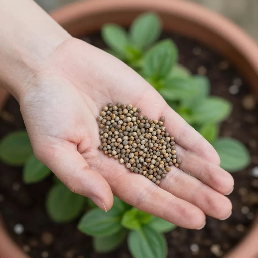 Mão segurando grânulos de adubo NPK sobre vaso de planta