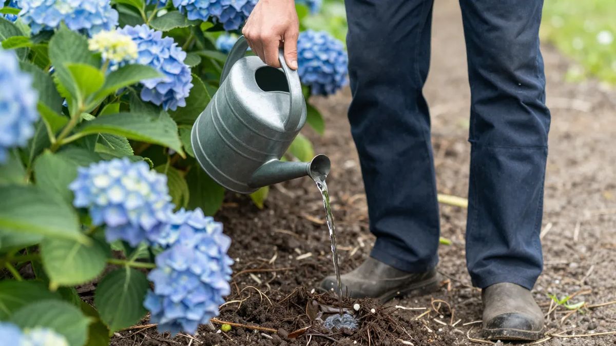 Aplicação de solução diluída no pé da hortênsia para azular as flores