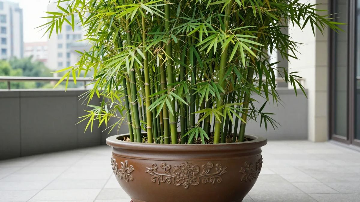 Bambu ornamental em vaso grande de boca larga no pátio