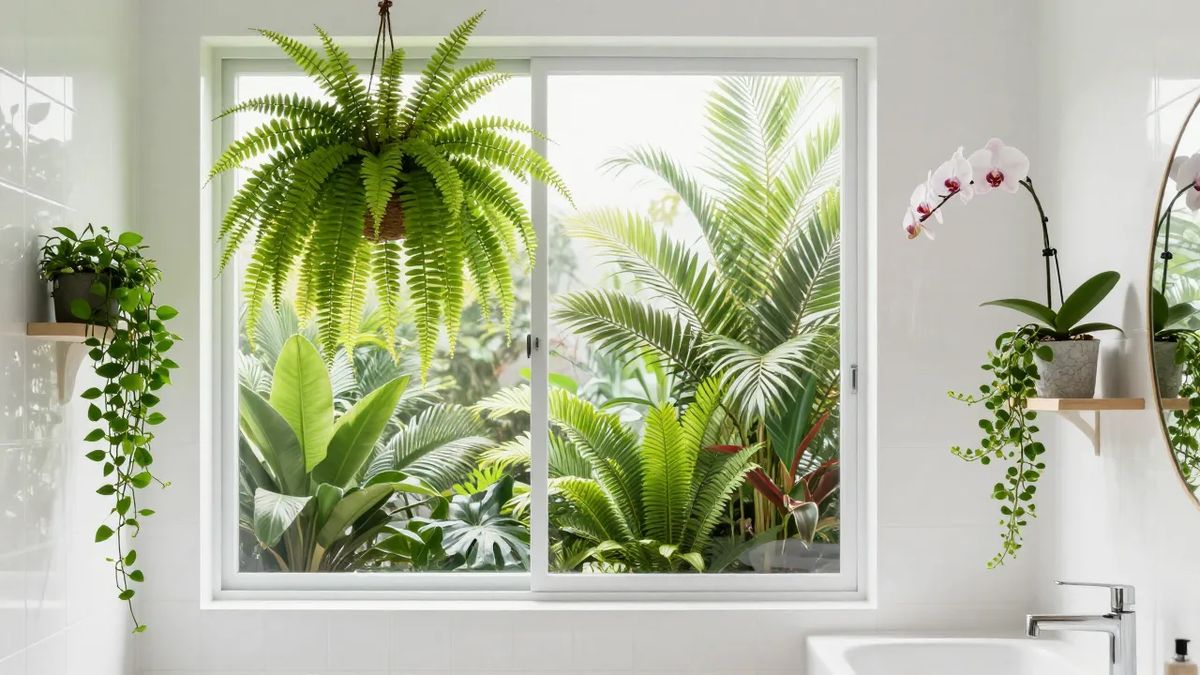 Banheiro claro com janela grande e plantas tropicais: samambaia pendurada, jiboia e orquídea
