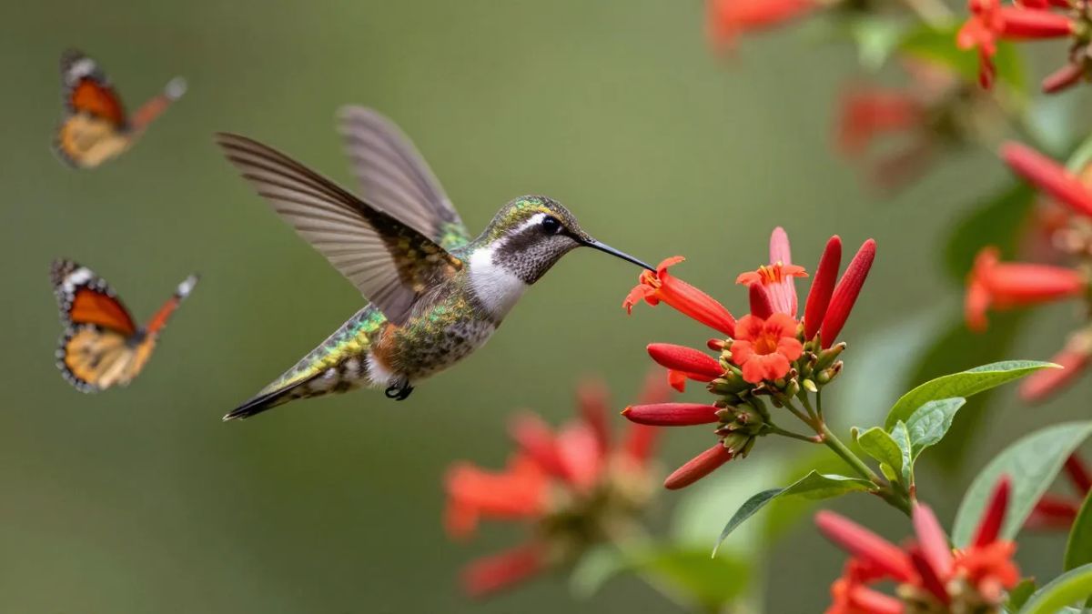 Beija-flor se alimentando em flores nativas de um jardim brasileiro