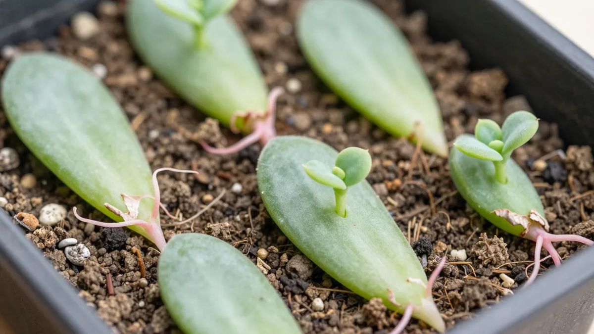 Folhas de suculenta na bandeja com raízes rosadas e mini-rosetas brotando