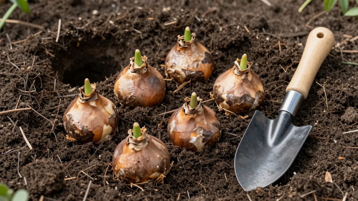 Bulbos de flor com broto verde sobre a terra preparada, ao lado de uma colher de jardineiro