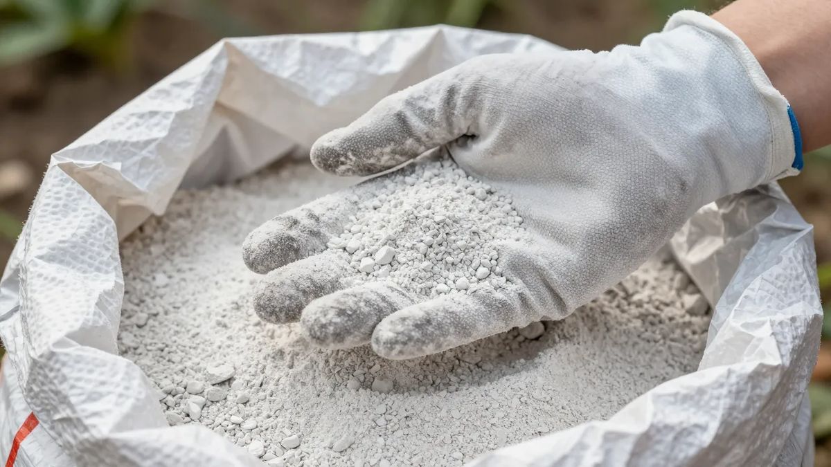 Pó claro de calcário agrícola na mão enluvada sobre o saco