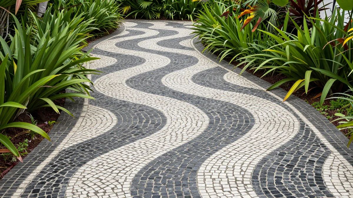 Caminho de jardim em pedra portuguesa preta e branca com desenho de ondas entre canteiros