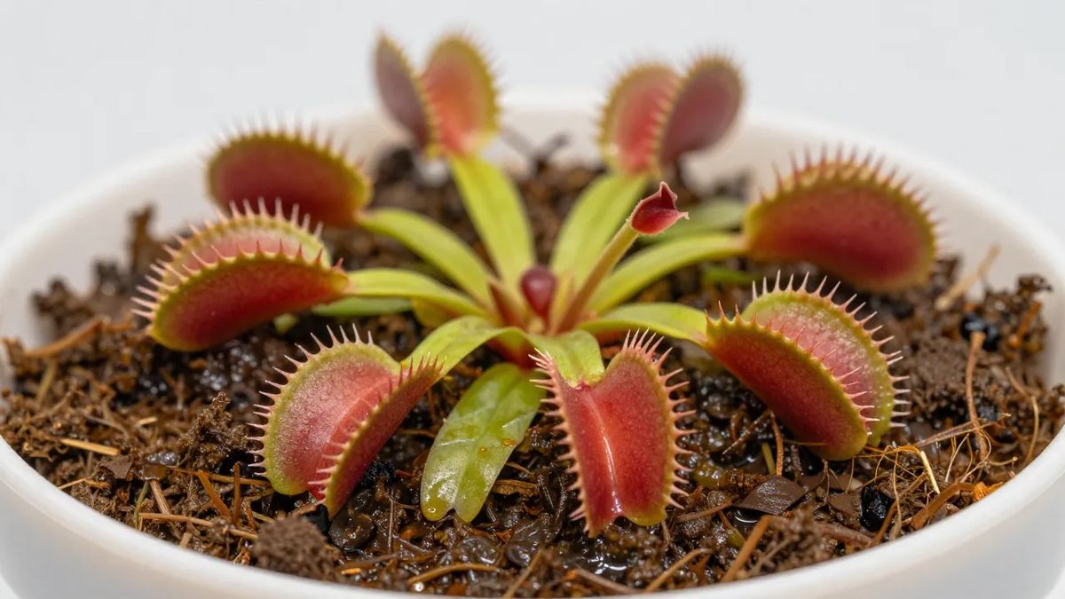 Dioneia e drosera plantadas em substrato de turfa úmida