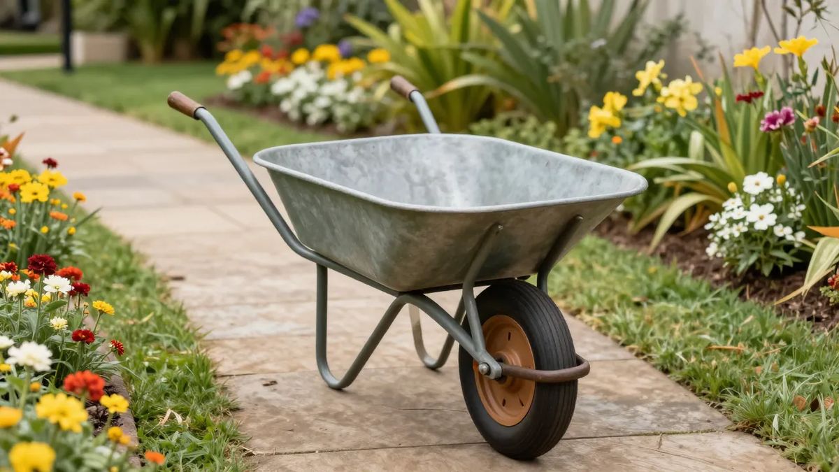 Carrinho de mão de uma roda em caminho estreito de jardim