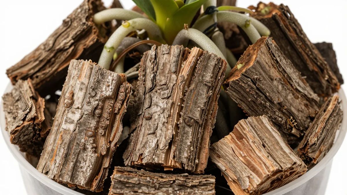 Vaso de orquídea preenchido com pedaços graúdos de casca de pinus e raízes agarradas