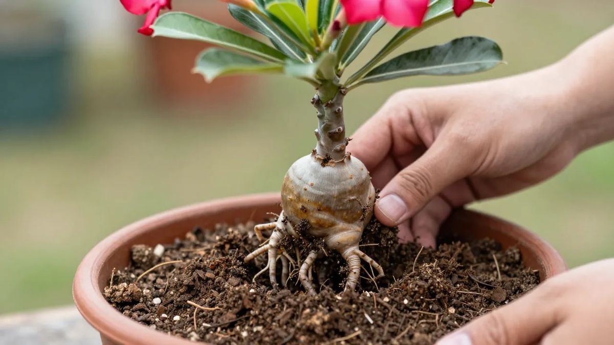 Replantio da flor-do-deserto com o caudex elevado acima do substrato