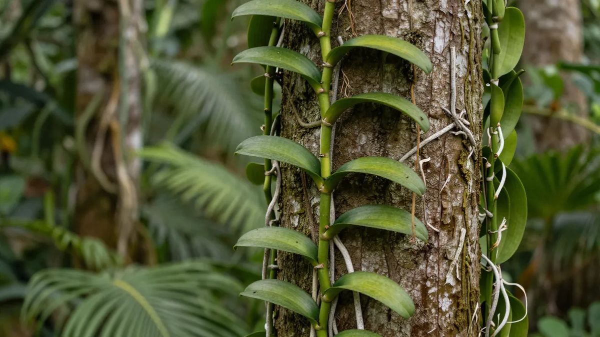 Cipó da orquídea baunilha subindo um tronco com raízes aéreas