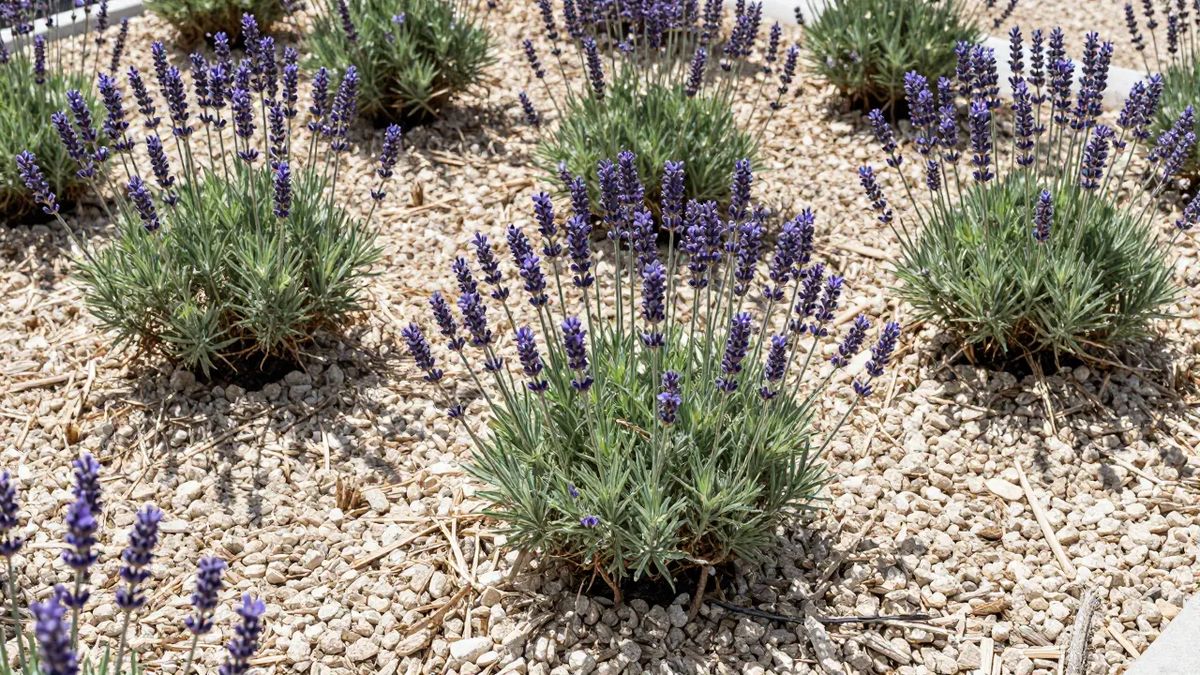 Canteiro de lavanda coberto com pedrisco claro em vez de matéria orgânica