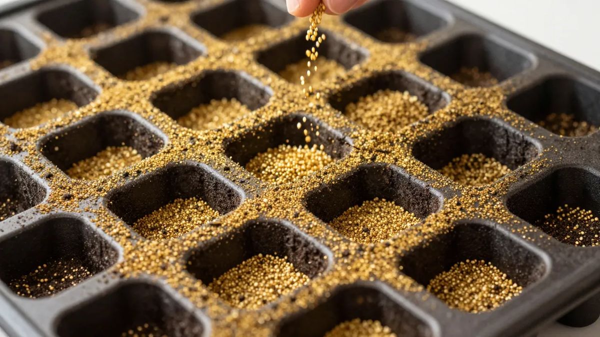 Bandeja de semeadura com camada fina de vermiculita cobrindo as sementes