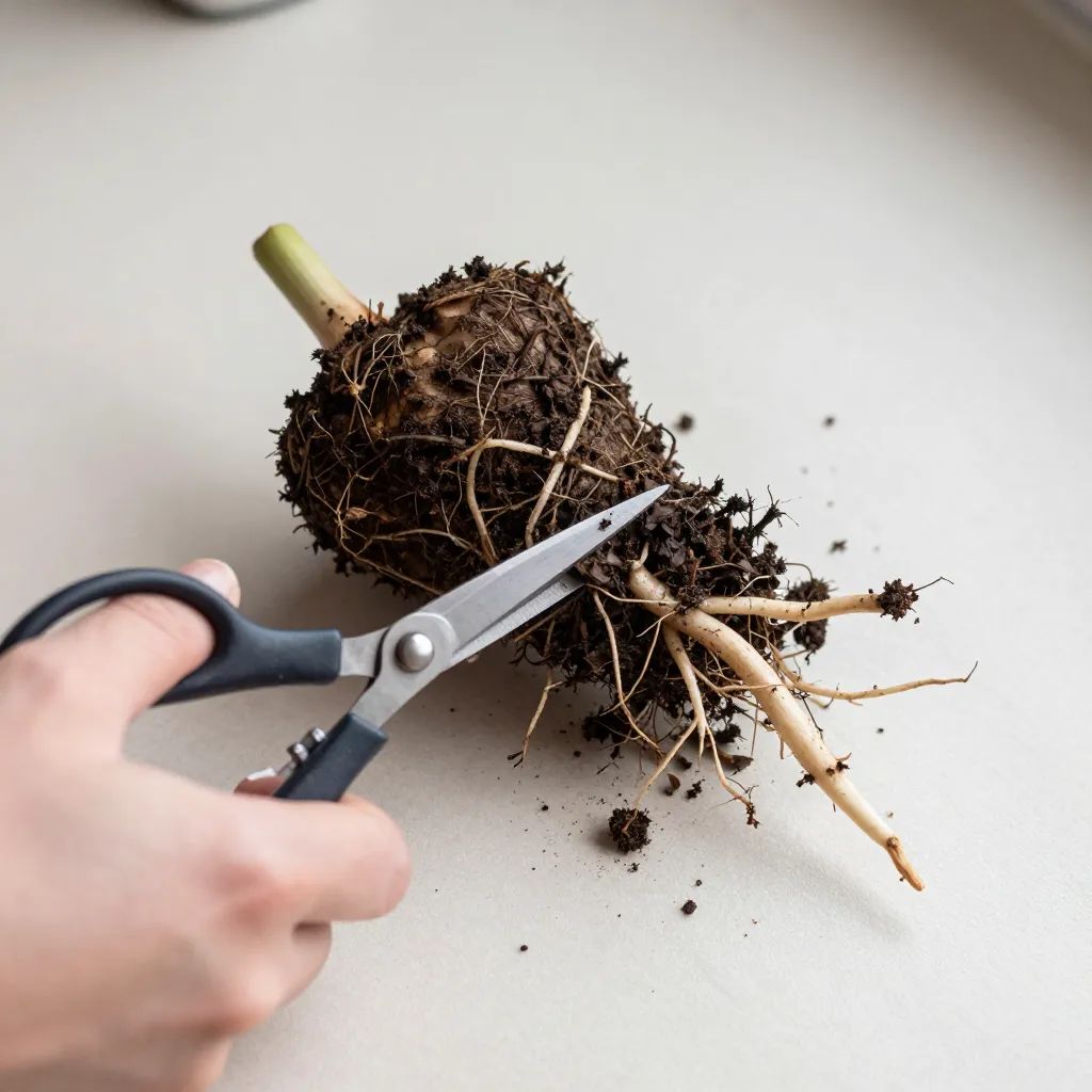 Tesoura cortando raízes podres escuras de um torrão de planta