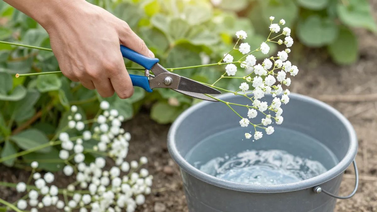 Corte de hastes de mosquitinho de manhã, direto para o balde com água