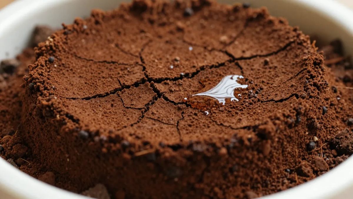 Crosta seca e rachada de borra de café sobre o substrato barrando a água