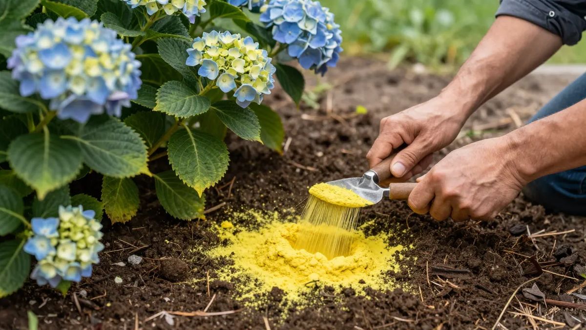 Enxofre em pó sendo incorporado ao solo ao redor de uma hortênsia