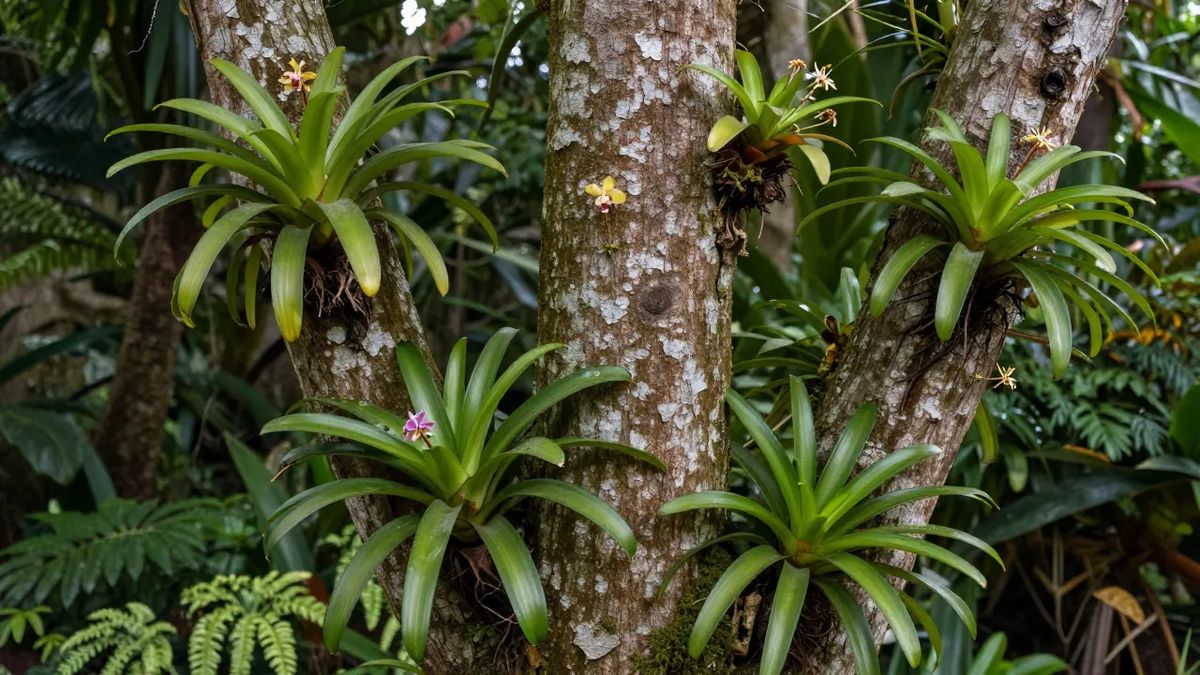 Bromélias e orquídeas crescendo agarradas ao tronco de uma árvore