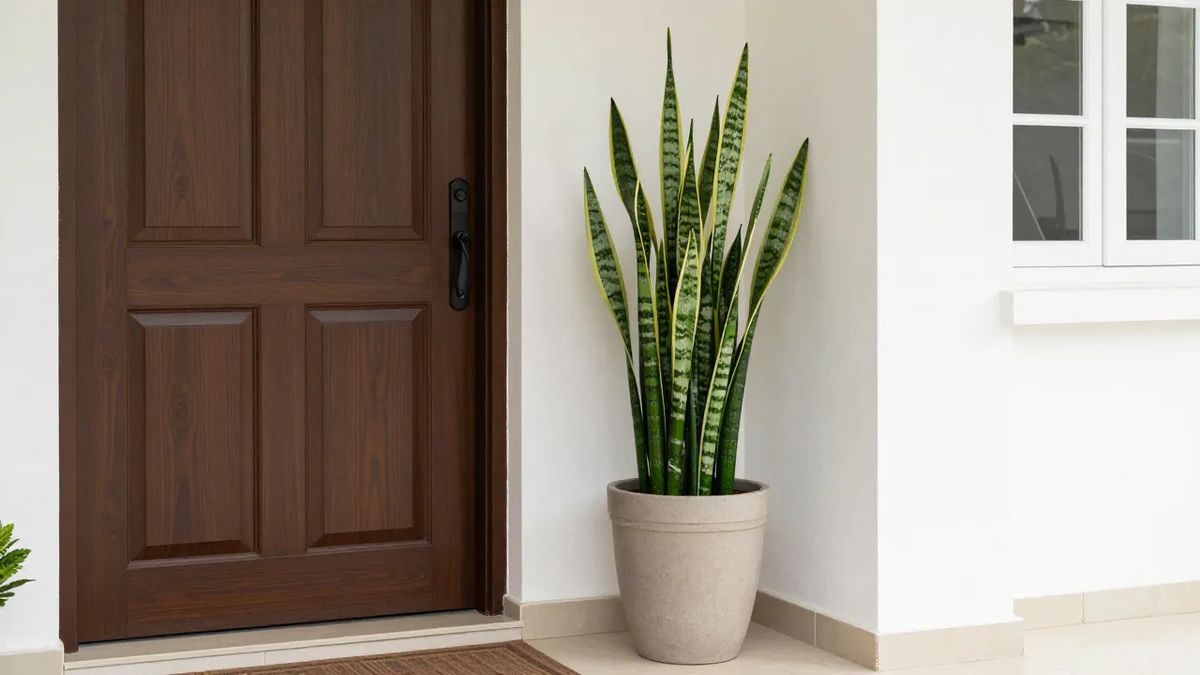 Espada-de-são-jorge em vaso alto junto à porta de entrada