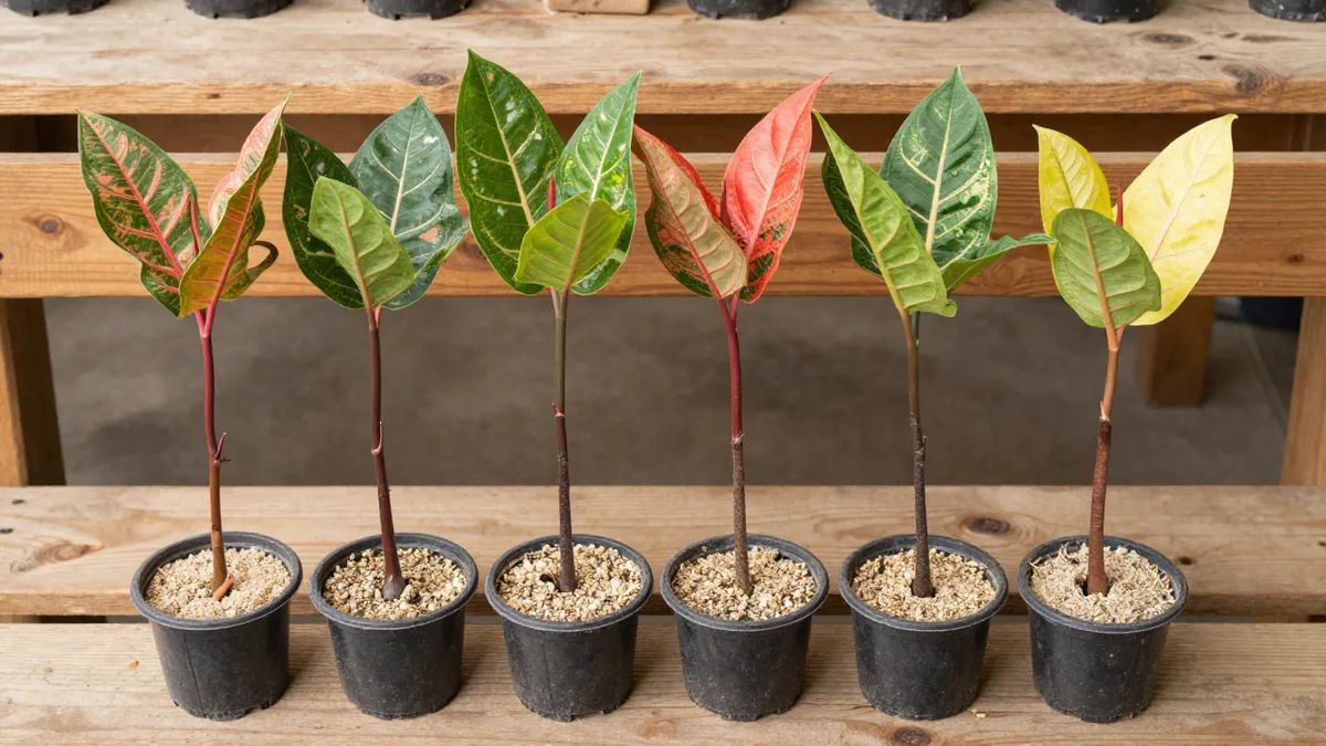 Estacas de cróton com folhas coloridas plantadas em vasinhos para enraizar