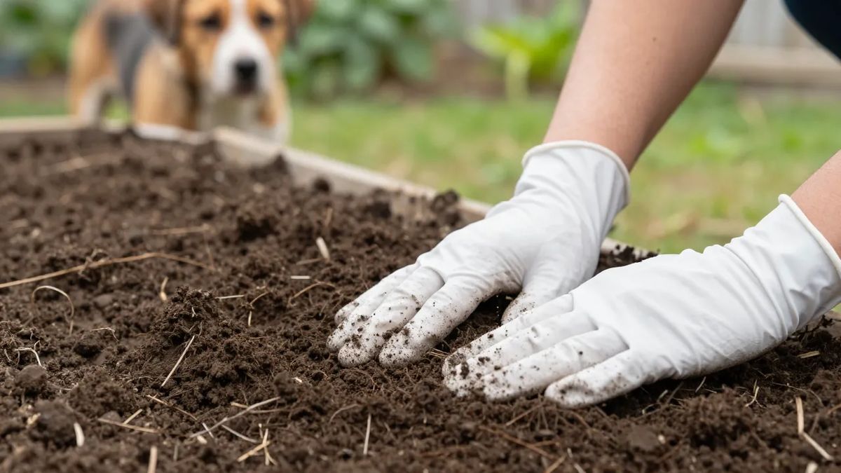Farinha de osso sendo coberta com terra, com cachorro ao fundo do jardim