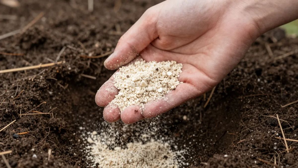 Mão misturando farinha de osso à terra da cova de plantio