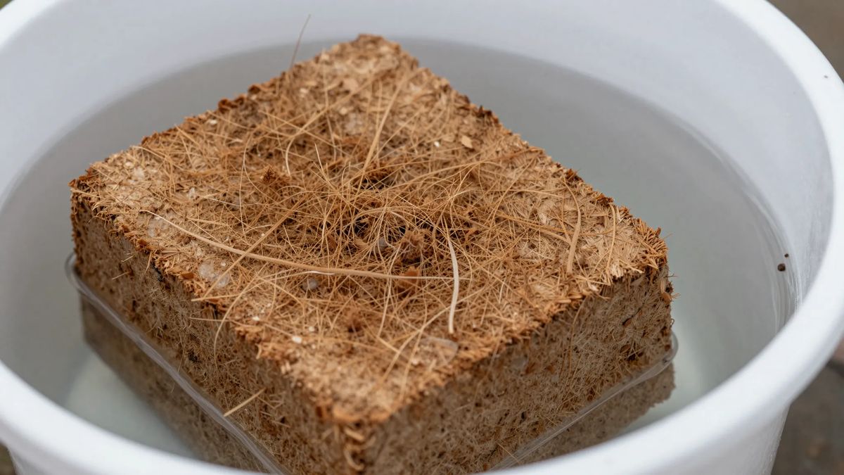 Tijolo prensado de fibra de coco expandindo dentro de um balde com água