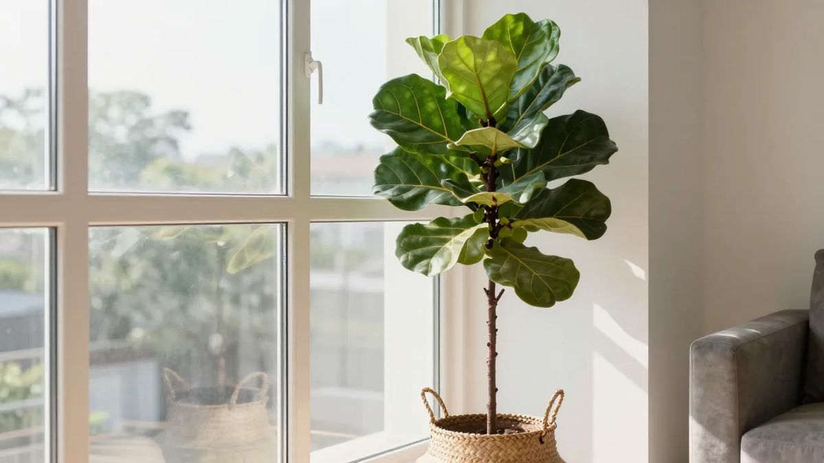 Ficus lyrata com folhas em formato de violino junto a uma janela grande e clara