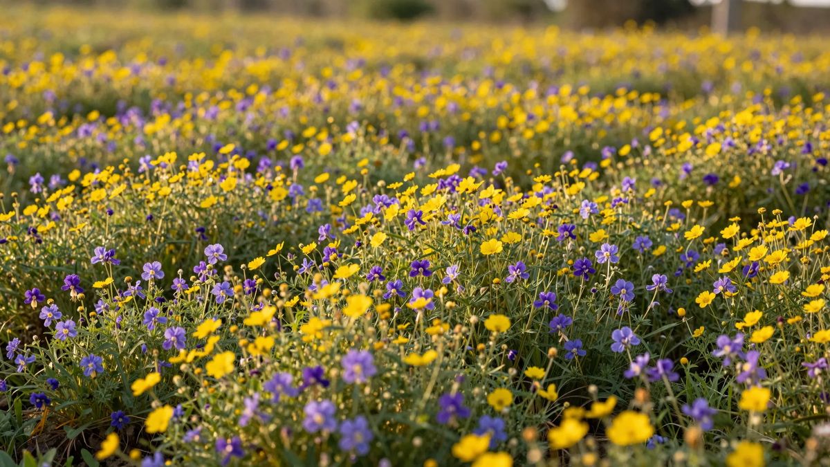 Campo aberto coberto de flores silvestres amarelas e roxas entre gramíneas