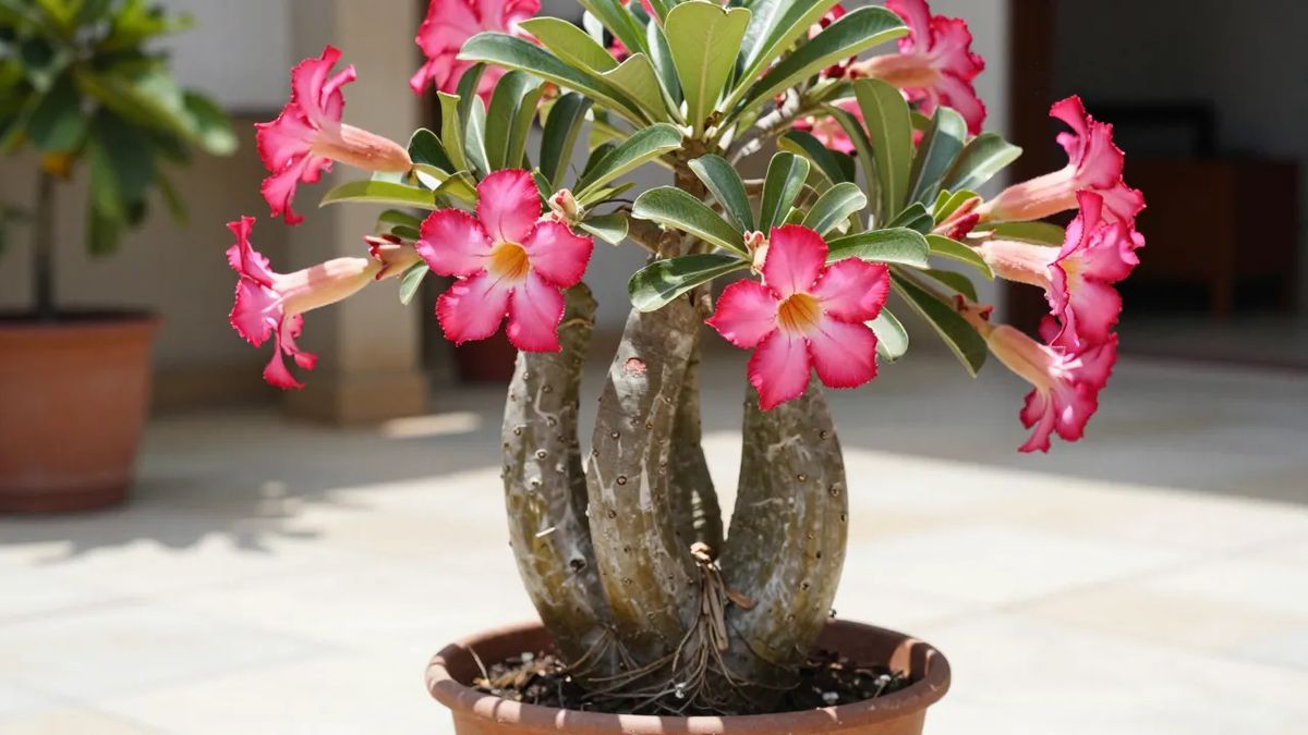 Flor-do-deserto com caudex bojudo e flores rosadas ao sol