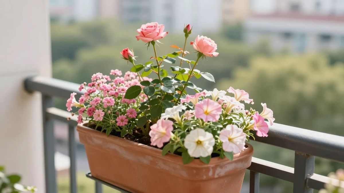 Floreira de terracota no parapeito de uma varanda com mini-roseira, cravina e petúnias