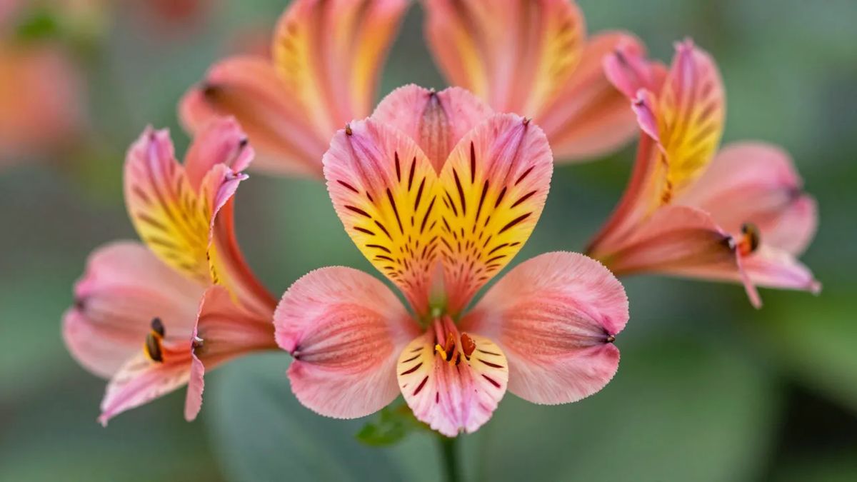 Flores de astromélia com riscos e pinceladas nas pétalas superiores