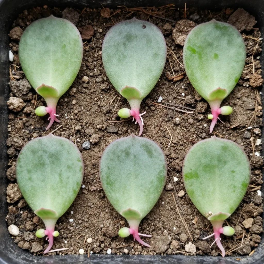 Folhas de suculenta com raízes rosadas e mini rosetas brotando