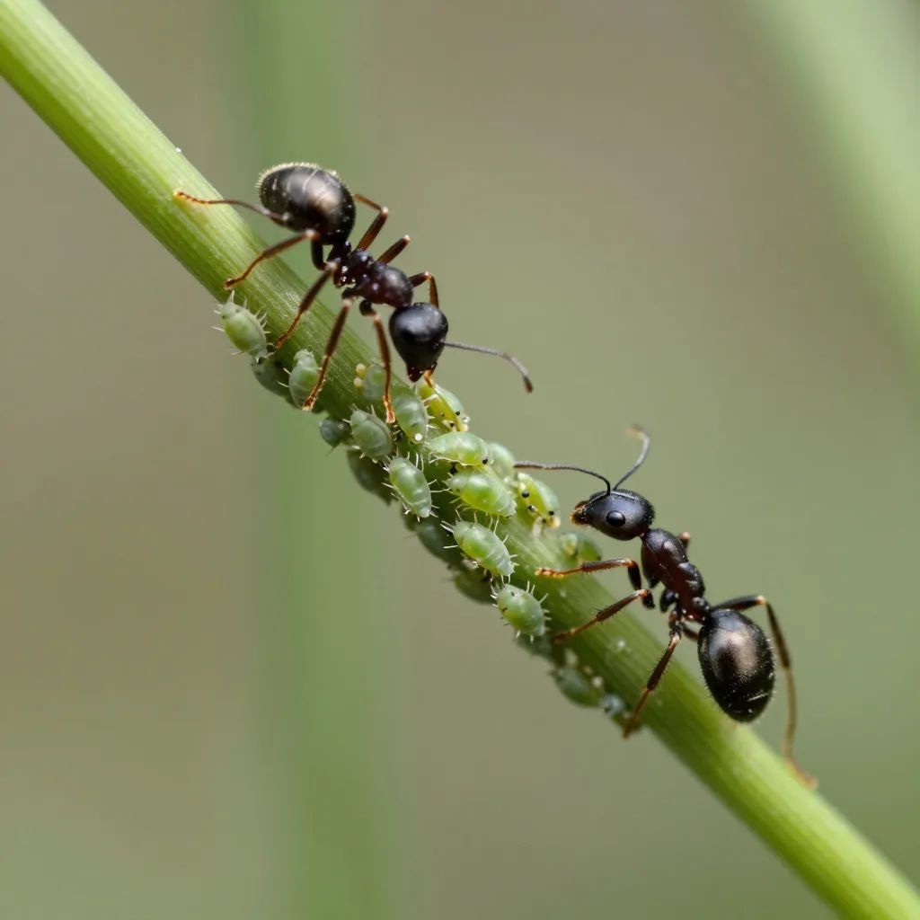 Formigas cuidando de colônia de pulgões num broto de planta