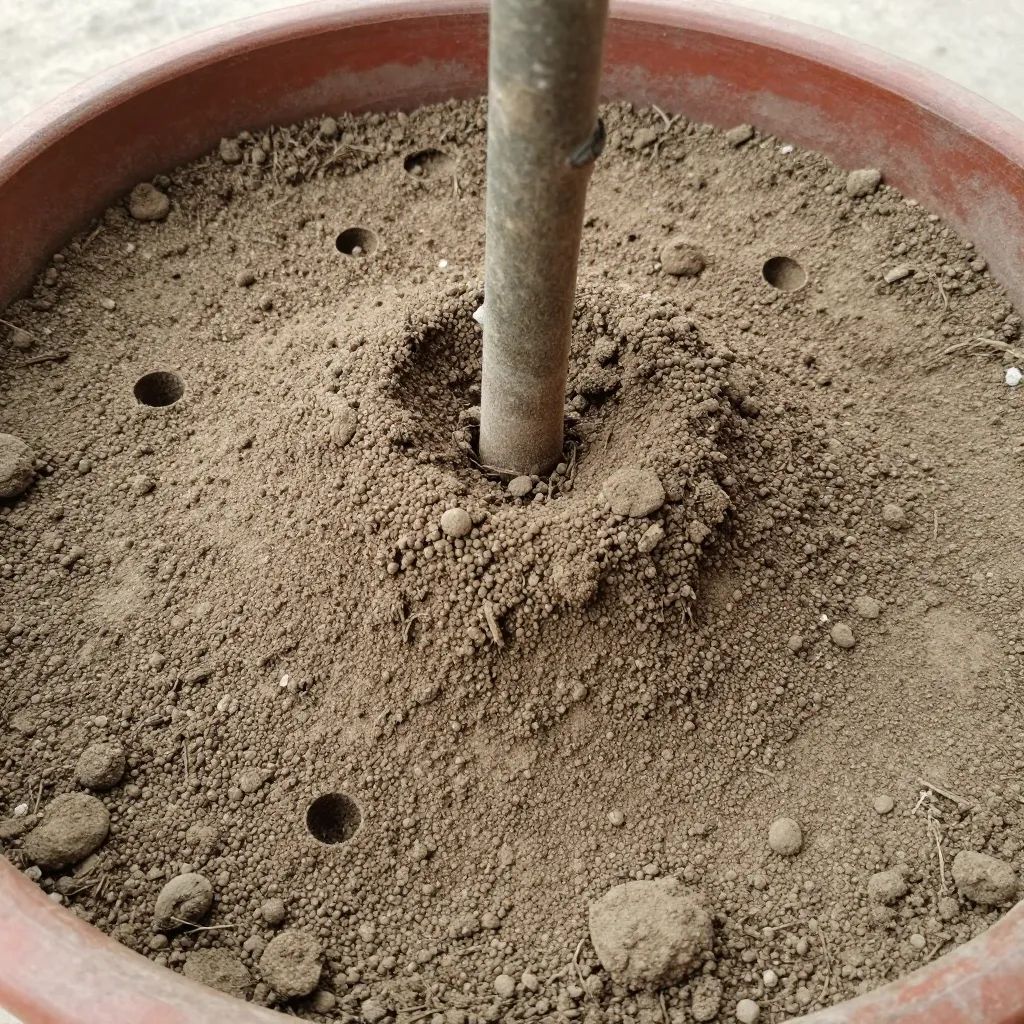 Pequenos montículos de formigueiro na terra seca de um vaso