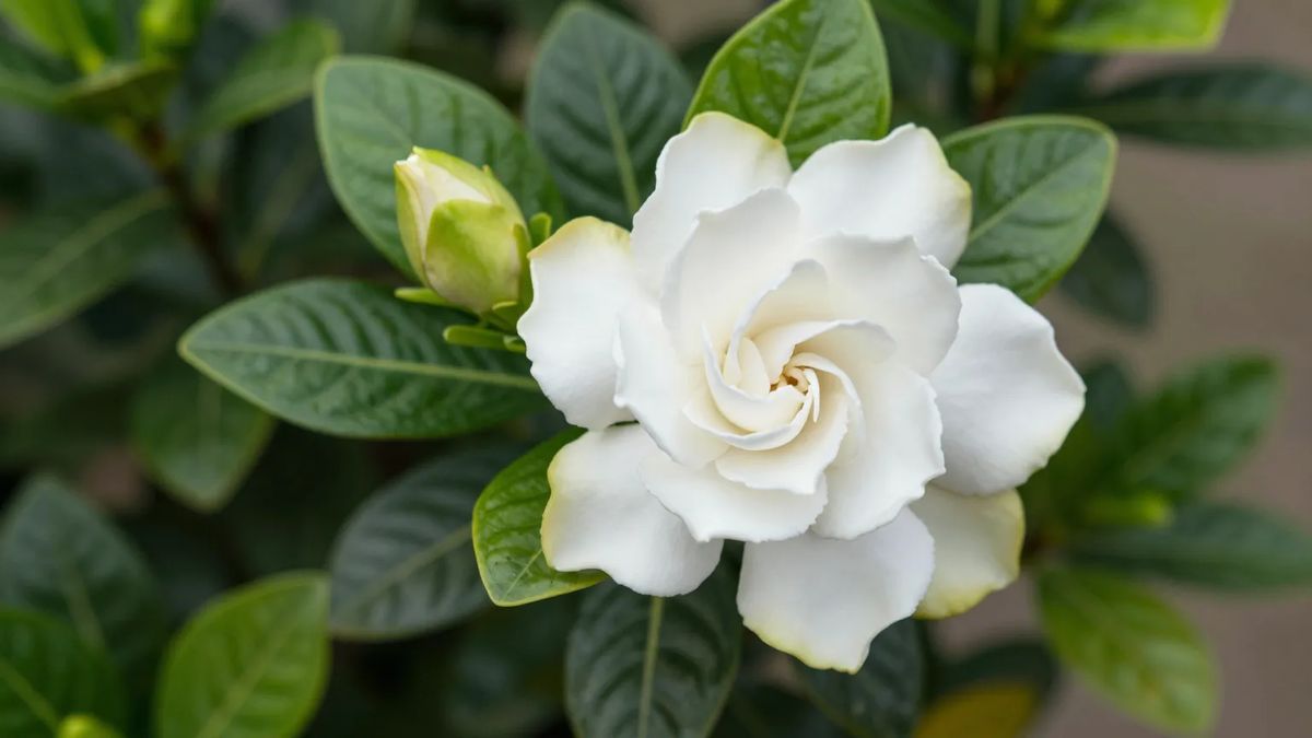 Flor branca dobrada de gardênia aberta ao lado de um botão fechado, com folhas verde-escuras lustrosas