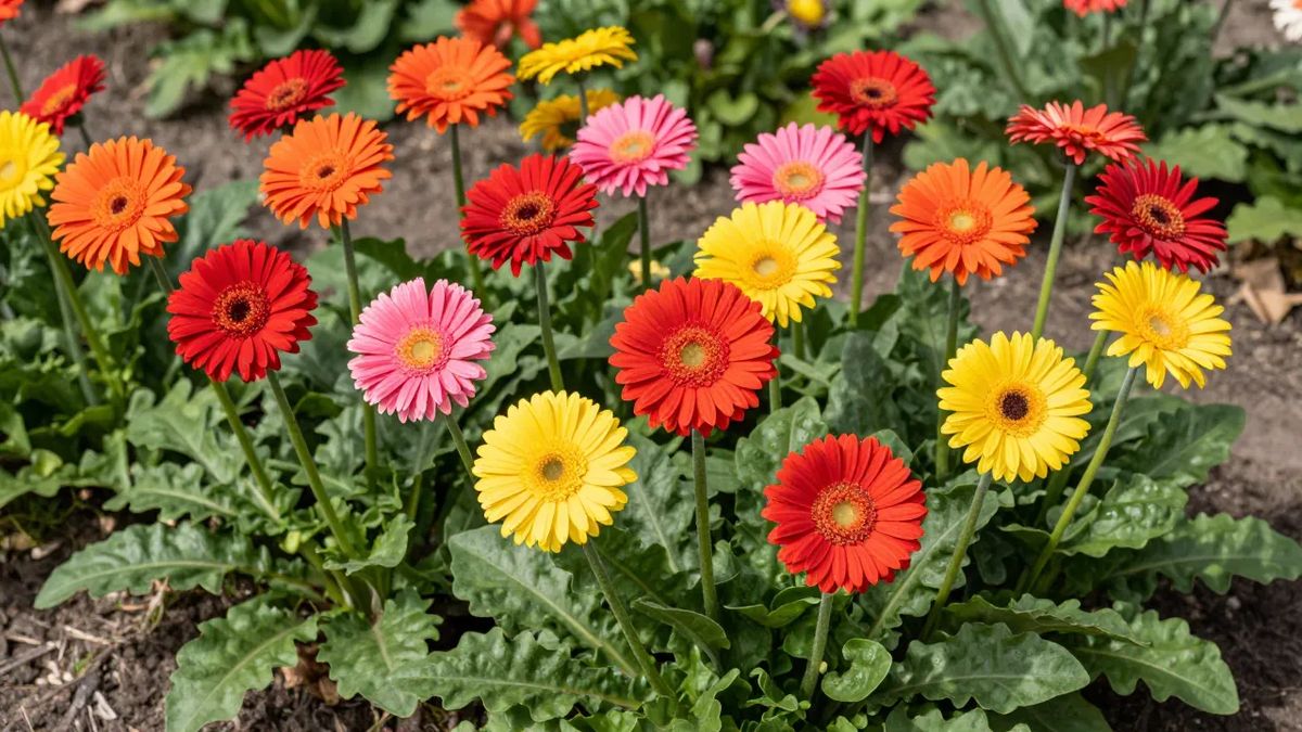Gérberas coloridas com flores grandes em hastes eretas