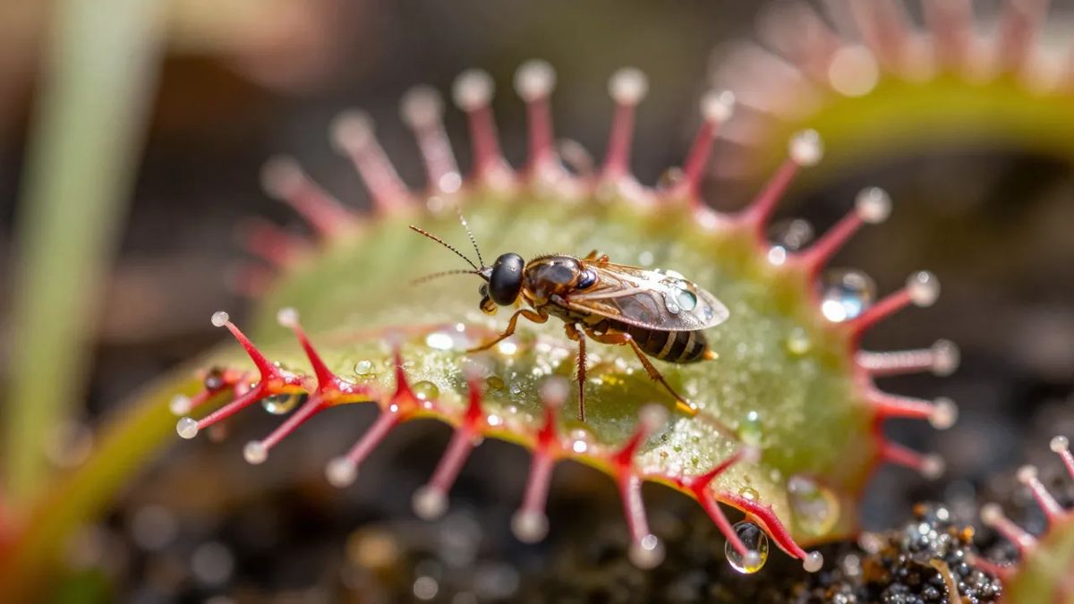 Folha de drosera coberta de gotículas adesivas com inseto capturado