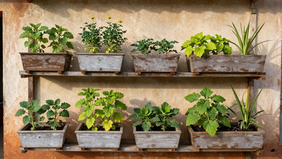 Horta vertical em parede, com jardineiras escalonadas plantadas com hortaliças e temperos