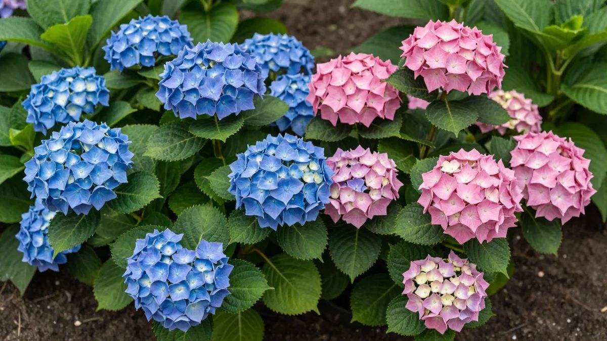 Hortênsias azul e rosa lado a lado no jardim
