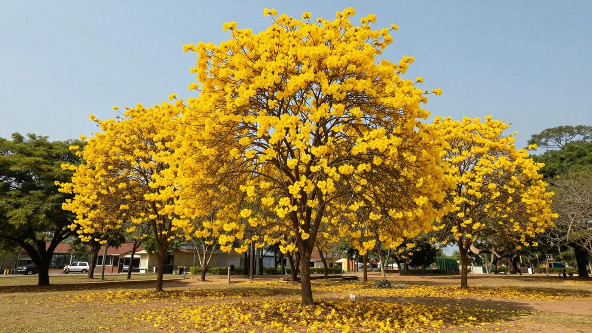 Ipê-amarelo florido com a copa coberta de flores douradas