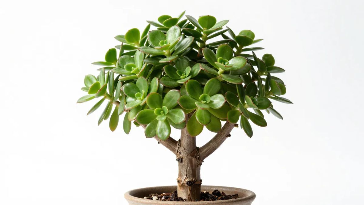 Planta-jade adulta conduzida por poda, com tronco grosso e copa densa de árvore em miniatura
