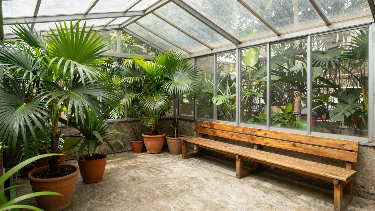 Jardim de inverno com cobertura de vidro, palmeiras em vasos de barro e banco de madeira