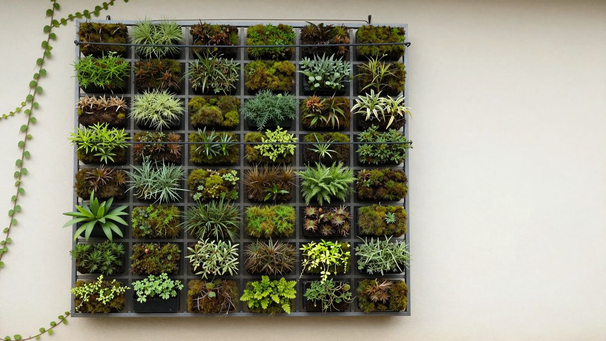 Painel modular de jardim vertical fixado numa parede externa, com módulos plantados em grade