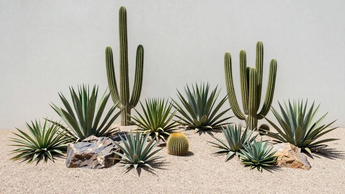 Jardim xerófito com agaves, cactos e pedrisco sob sol pleno