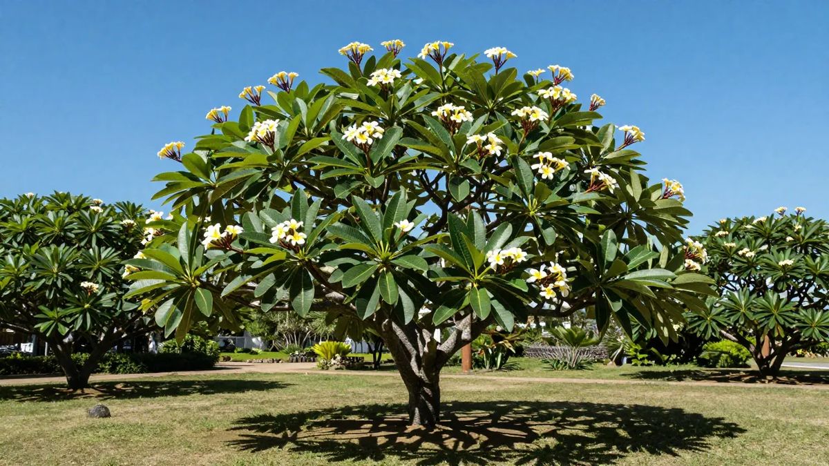 Jasmim manga florido sob sol pleno, com buquês de flores brancas e amarelas nas pontas dos ramos