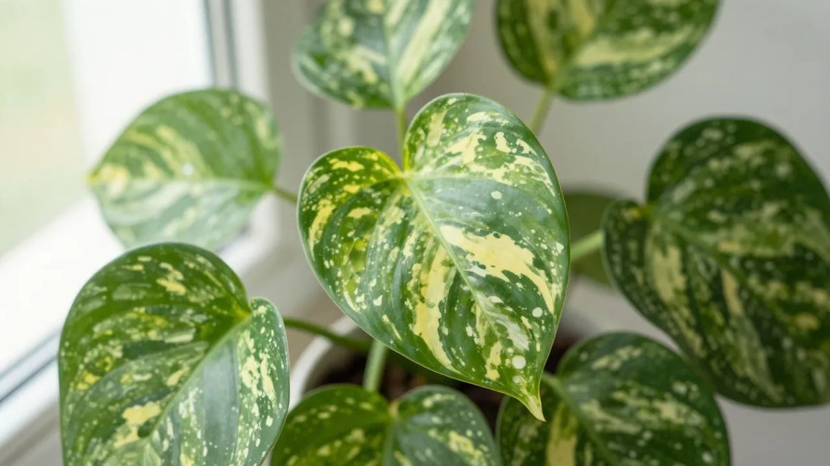 Folhas variegadas de jiboia em close, planta da família das aráceas
