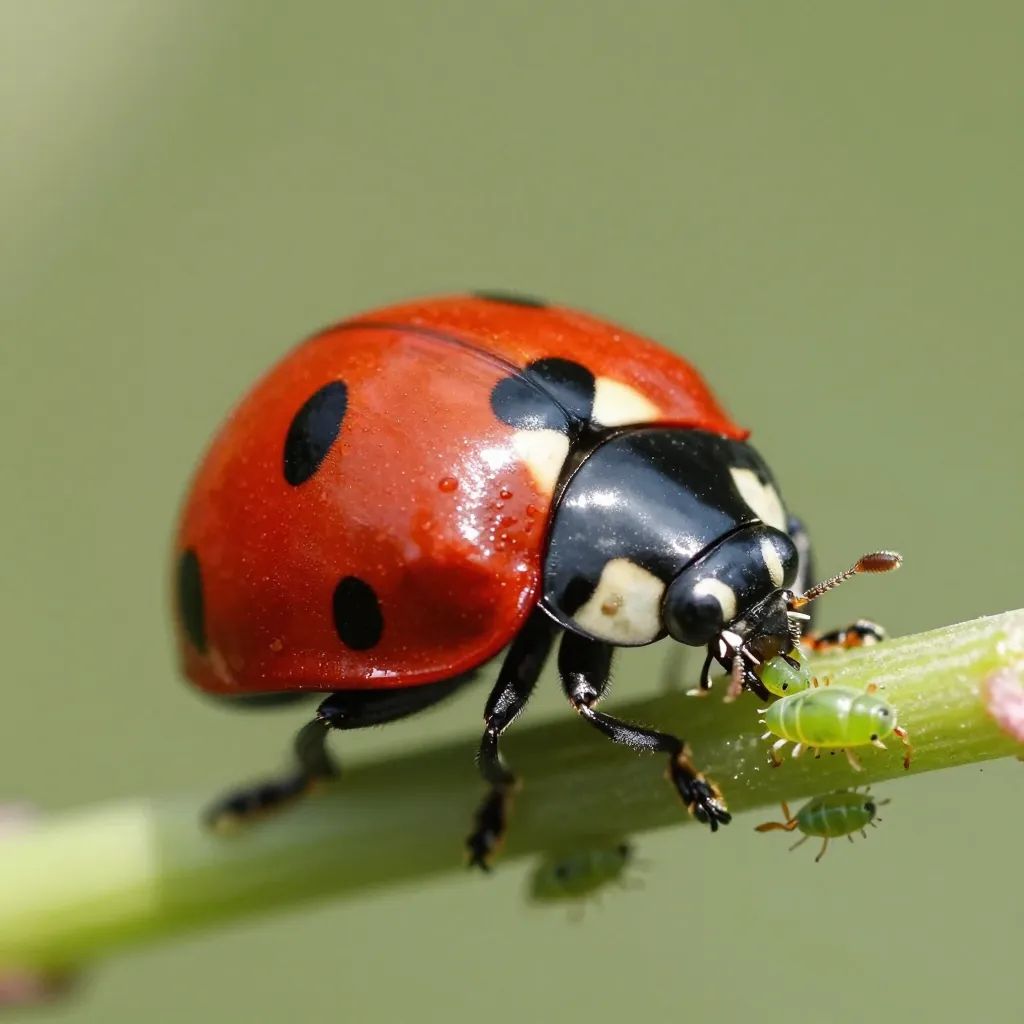 Joaninha comendo pulgões num caule de planta
