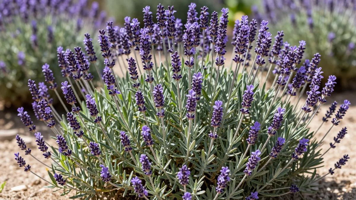 Arbusto de lavanda florido com folhas acinzentadas e espigas roxas
