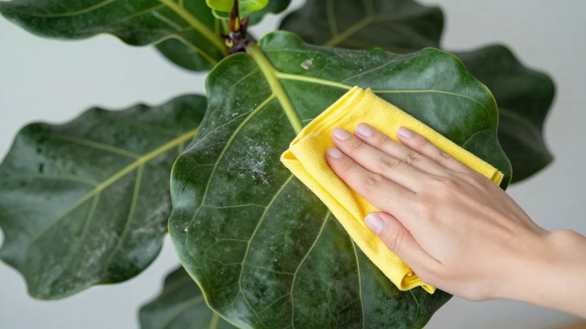 Mão limpando com pano úmido uma folha grande do Ficus lyrata